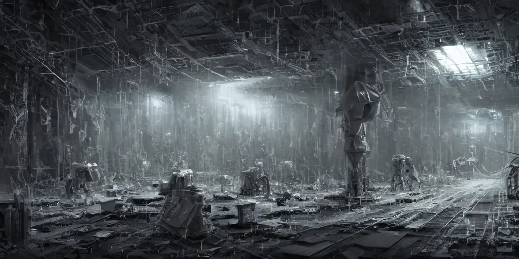 Image similar to parallax volumetric coherent gloomy colossal ruined server room in datacenter portrait symmetrical face by eddie mendoza blender robot figure automata headless drone robot welder posing pacing fixing soldering mono sharp focus, emitting diodes, smoke, artillery, sparks, racks, system unit, motherboard, artstation cgsociety artofmtg hyperrealism cinematic dramatic painting concept art of detailed character design