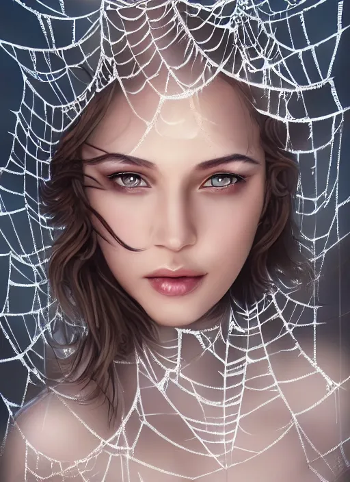 Prompt: a gorgeous female cover with spider webs photo, professionally retouched, soft lighting, realistic, smooth face, full body shot, torso, dress, perfect eyes, wide angle, sharp focus on eyes, 8 k high definition, insanely detailed, intricate, elegant, art by artgerm and jason chan and mark litvokin