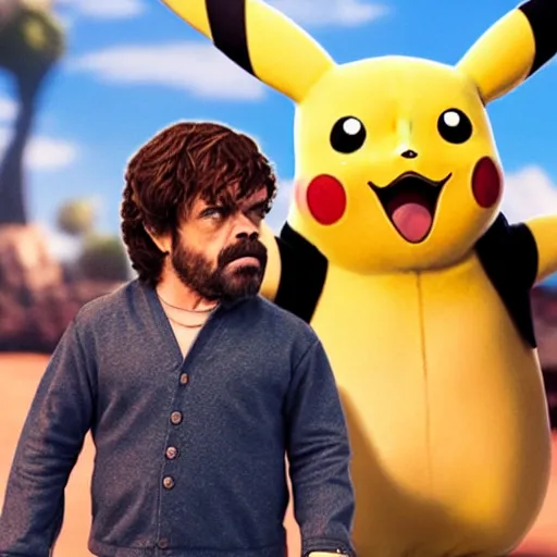 Image similar to pikachu the movie with peter dinklage in the main role