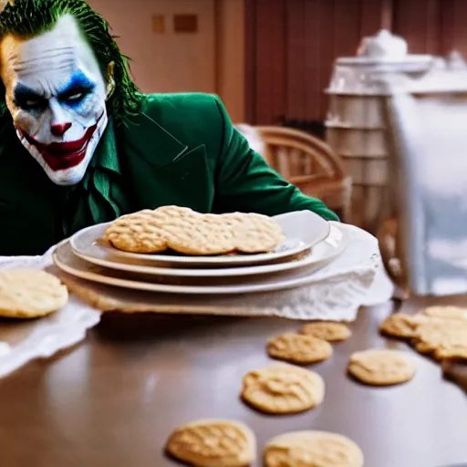 Image similar to cinematic shot of the joker sitting at a table in front of a plate of flour biscuits, 8 k, very detailed, very intricate,