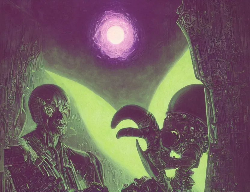 Image similar to a close - up view portrait of a silhouetted supernatural wizard in brutalist halls with metallic alien technology. close - up view, detailed textures. glowing green purple fog, dark black background. highly detailed fantasy science fiction painting by moebius, norman rockwell, frank frazetta, and syd mead. rich colors, high contrast