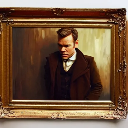 Image similar to we see ewan mcgregor from side. he is dressed as a gentleman at early 2 0 th century paris. atmospheric feeling, warm colours, brown colours, yellow colours, epic scene, cinematic, very detailed, oil painting