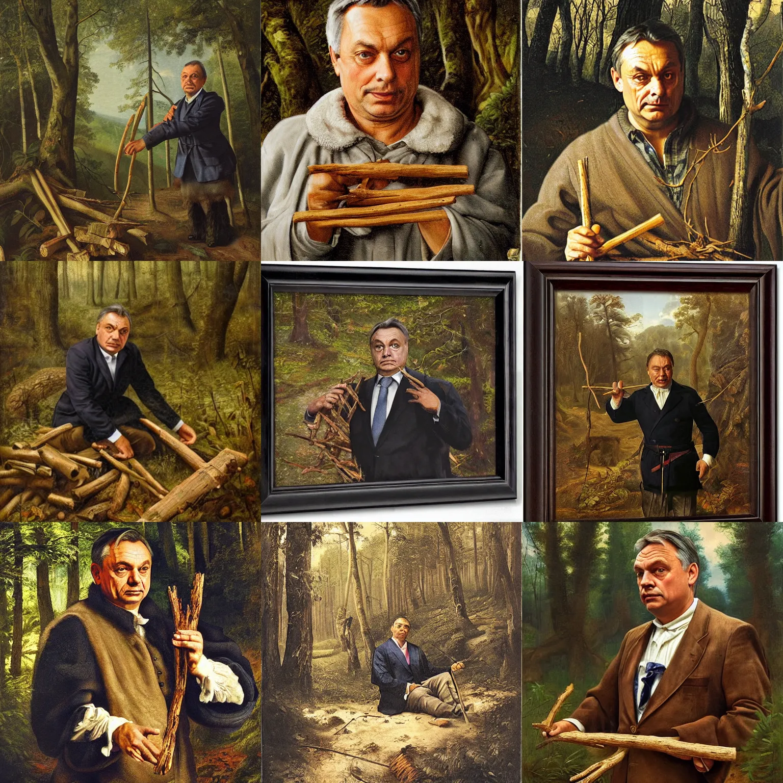 Prompt: viktor orban in a forest, highly detailed face, holding a wood piece, by skovgaard