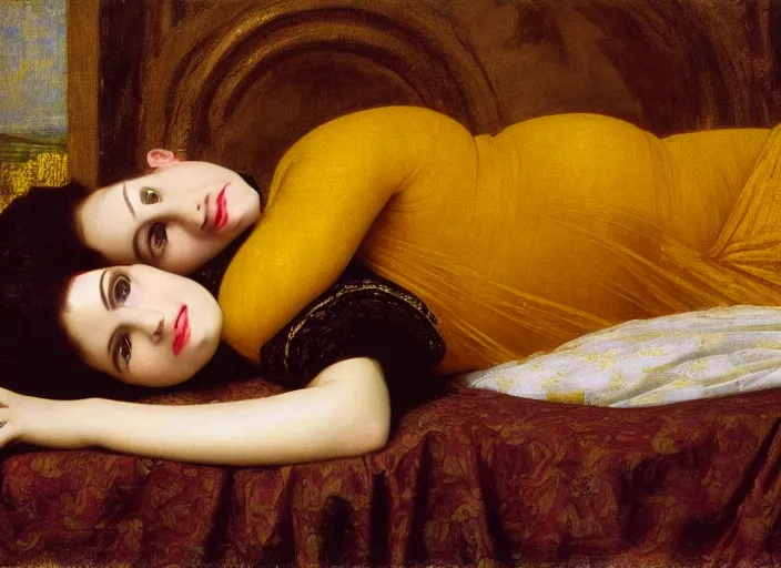 Image similar to portrait of liza minelli as a medieval lady reclining on bed, wearing yellow ochre, preraphaelite colour photography by frederic leighton, 8 k