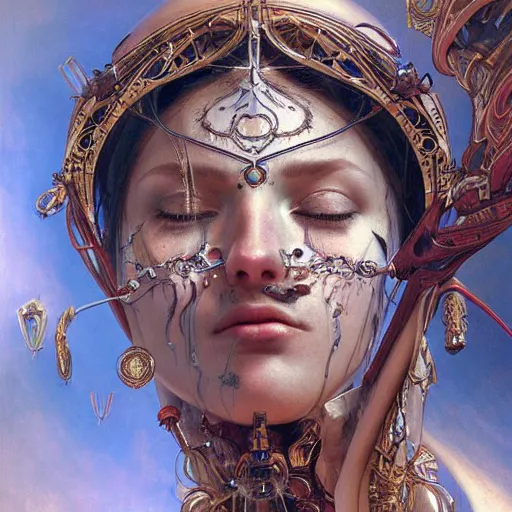 Image similar to Virgin Mary, facial tattoos, artists portrait, biomechanical, heaven, fantasy, highly detailed, digital painting, concept art, sharp focus, depth of field blur, illustration, art by artgerm and greg rutkowski and alphonse mucha