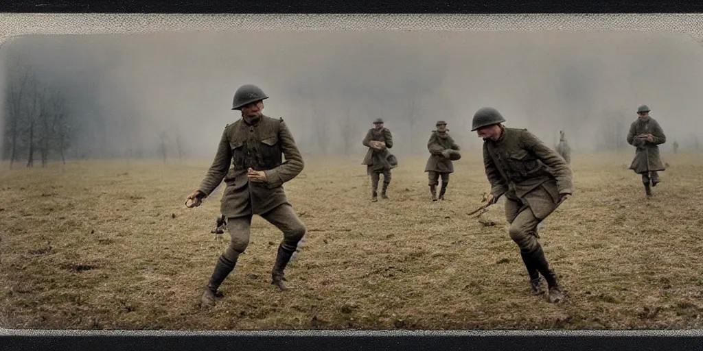 Image similar to detailed medium format photo, polaroid still from tarkovsky movie, erling haaland playing football on a ww 1 battlefield, haze, high production value, intricate details, 8 k resolution, hyperrealistic, hdr, photorealistic, high definition, tehnicolor, award - winning photography, masterpiece, amazing colors