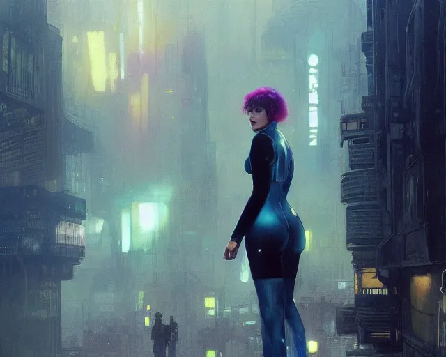 Image similar to 1 4 4 4 blade runner movie still ramona flowers look at the cityscape from roof perfect face fine realistic face pretty face reflective polymer suit tight neon puffy jacket blue futuristic sci - fi elegant by denis villeneuve tom anders zorn hans dragan bibin thoma greg rutkowski ismail inceoglu illustrated sand storm alphonse mucha