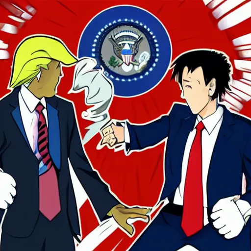 Prompt: obama and trump fighting in the style of anime