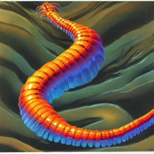 Image similar to a gigantic colorful transparent centipede flying over a chasm, frills, fins, rainbow, antennae, dark, frank frazetta