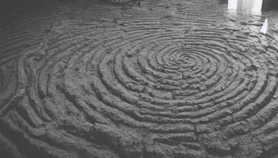 Prompt: a huge neoclassical labyrinth with very high walls flooded with mud, cinestill 8 0 0 t 3 5 mm, heavy grain, high quality, high detailed