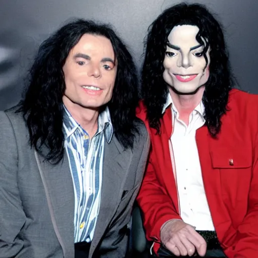 Image similar to Michael Jackson and Tommy Wiseau are sitting in a meeting