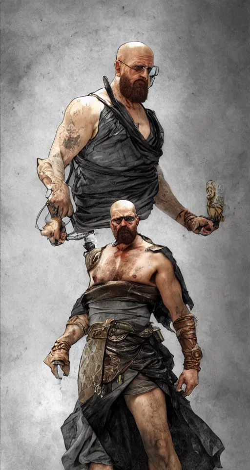 Image similar to Heisenberg as Kratos, highly detailed, digital painting, artstation, concept art, smooth, sharp focus, illustration, ArtStation, art by artgerm and greg rutkowski and alphonse mucha and J. C. Leyendecker and Edmund Blair Leighton and Katsuhiro Otomo and Geof Darrow and Phil hale and Ashley wood and Ilya repin and Charlie Bowater