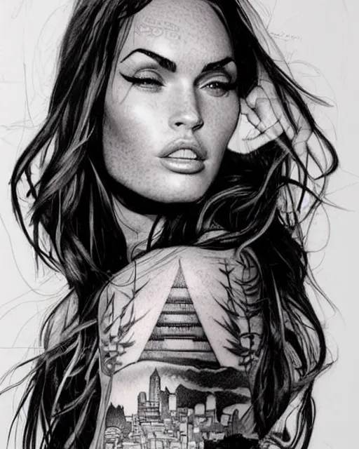 Image similar to tattoo sketch of megan fox face mash up with beautiful mountains, in the style of dan mountford, double exposure, hyper realistic, amazing detail, black and white