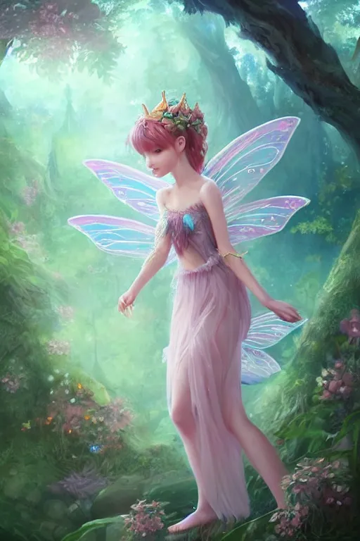 Image similar to a cute and geogerous fairy in the dreamy forest, fantasy, dreamlike, 8 k resolution, hyper detailed, d & d, character design, digital painting, trending on artstation, sharp focus, illustration, art by viktoria gavrilenko, hoang lap, fuji choko, steve zheng,