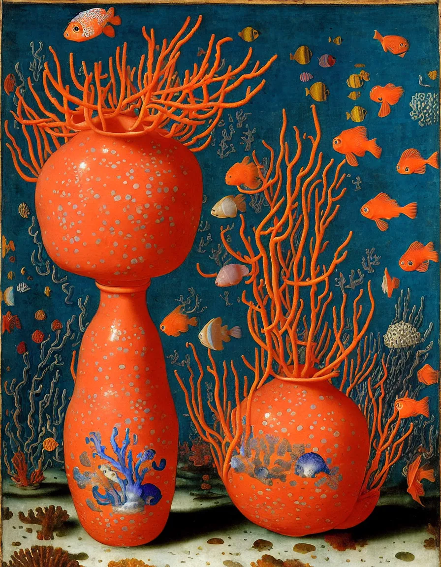 Image similar to bottle vase of coral under the sea decorated with a dense field of stylized scrolls that have opaque outlines enclosing mottled blue washes, with orange shells and purple fishes, Ambrosius Bosschaert the Elder, oil on canvas, around the edges there are no objects