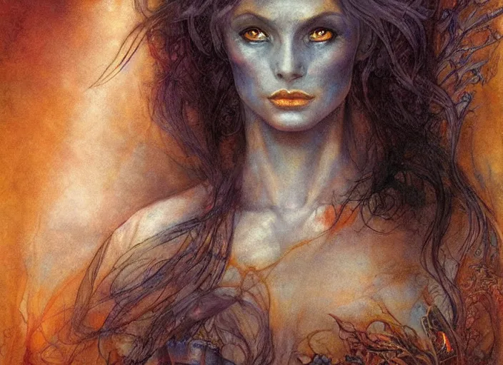 Image similar to portrait of diety of flame, beautiful! coherent! by brom, by brian froud, deep color, strong line, high contrast