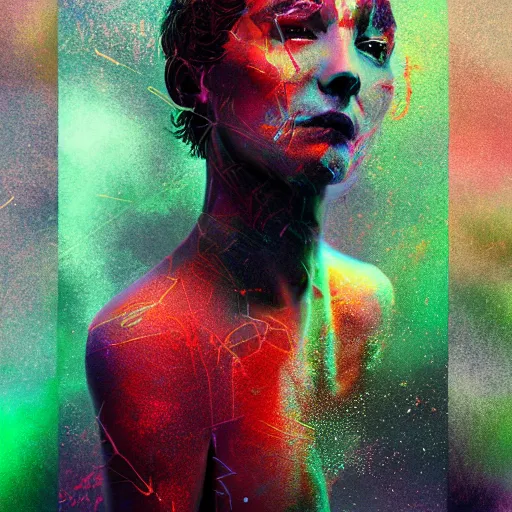 Image similar to improbability, octane render, portrait made of paint, splashes of colors, comic book art