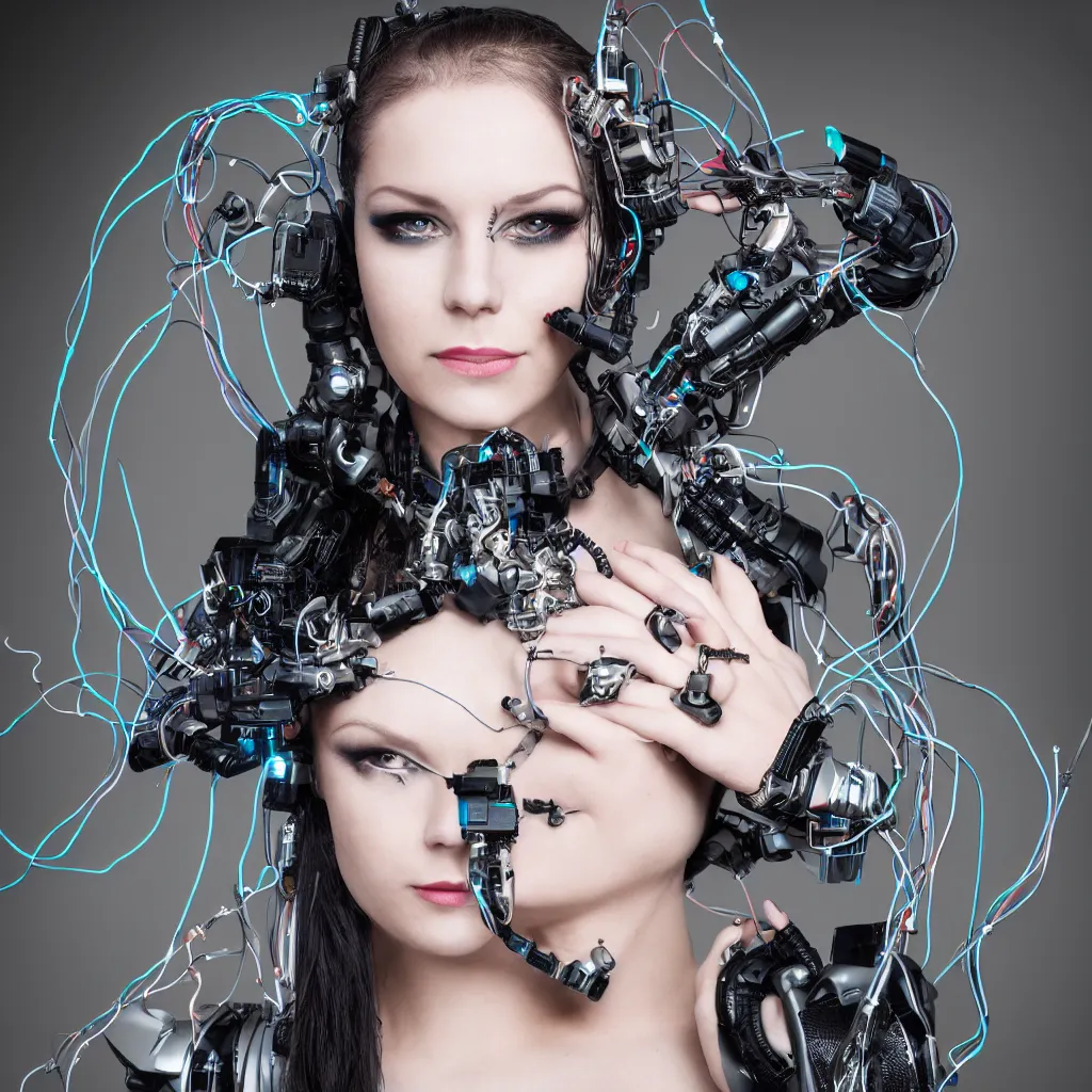 Prompt: cyborg woman front facing portrait smiling emotionally with wiring and circuitry, goth makeup, seductive, nikon, super focus, halo, wearing crown, braided hair, cinematic, studio lighting, 8 5 mm, 1 5 0 mm, goddess android