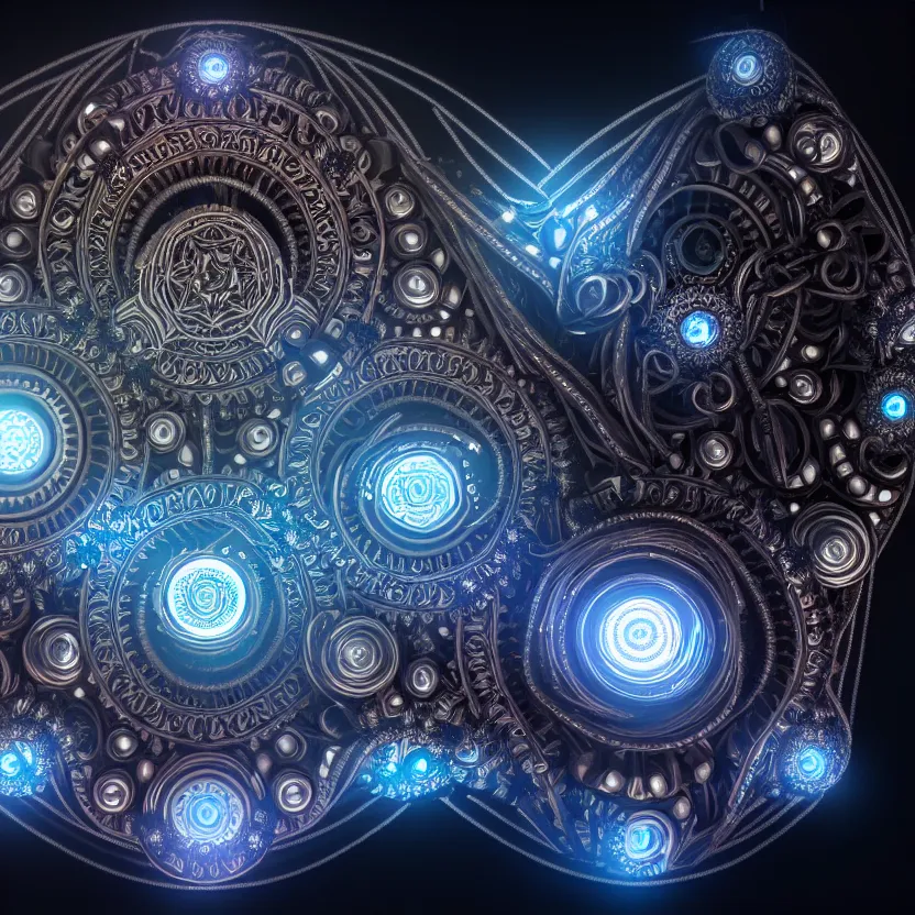 Image similar to a fractal mandala of cyborg components, fine details, digital art, volumetric lighting, cinematic light, photorealistic