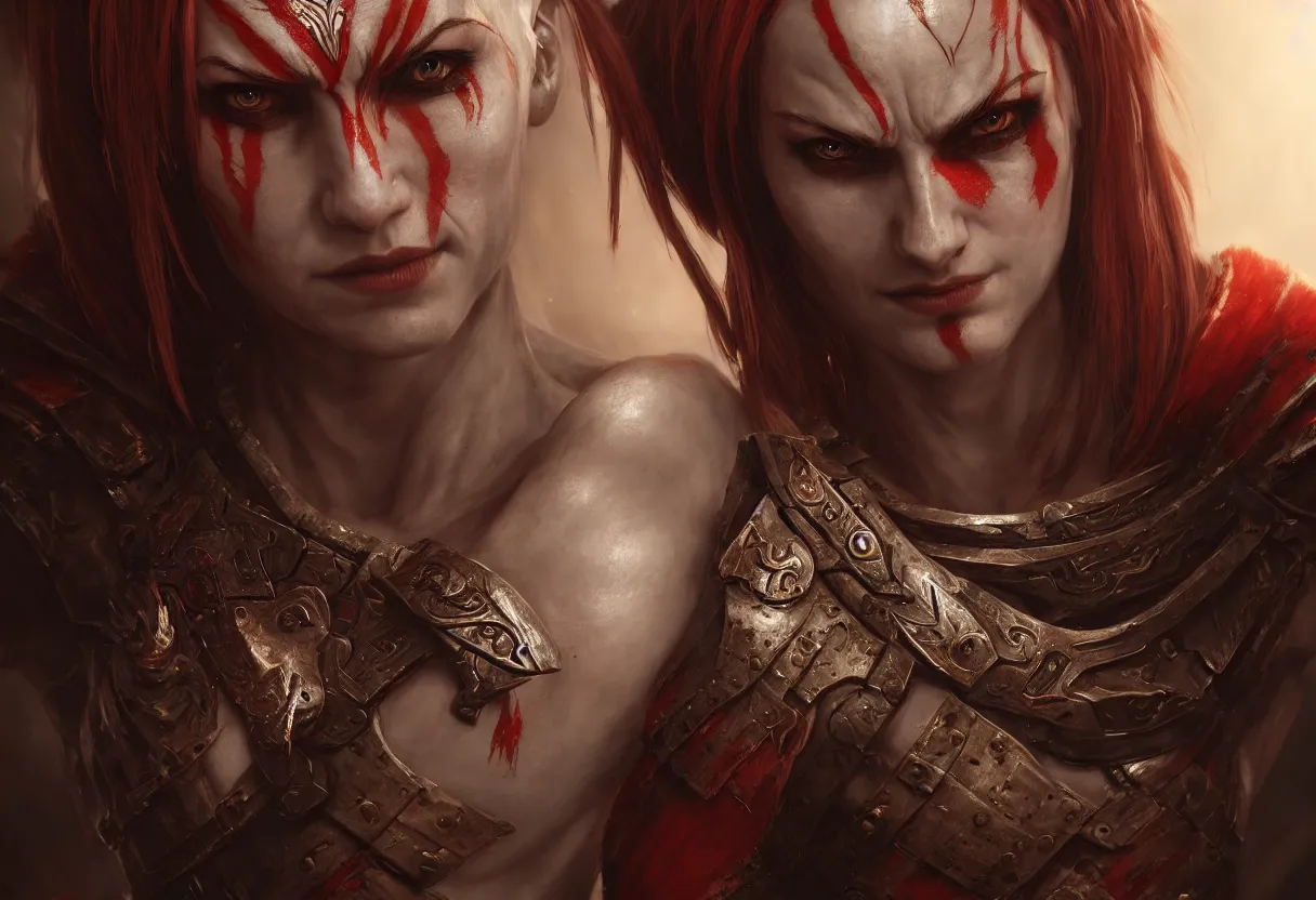 Prompt: female kratos from god of war, hyper detailed, digital art, trending in artstation, cinematic lighting, studio quality, smooth render, unreal engine 5 rendered, octane rendered, art style by klimt and nixeu and ian sprigger and wlop and krenz cushart