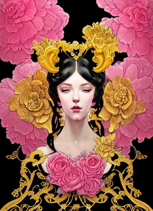 Image similar to beautiful black pink yellow, complicated gold and pink flowers in baroque style headwears, dark fantasy, intricate, elegant, highly detailed, digital painting, artstation, highly saturated colors, concept art, matte, 3 d 8 k octane rendered, sharp focus, illustration, octane rendered, art by artgerm and alphonse mucha, leesha hannigan