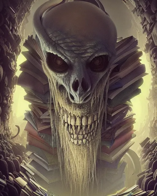 Image similar to highly detailed surreal vfx portrait of a creepy monster in a catacomb of books, stephen bliss, unreal engine, greg rutkowski, loish, rhads, beeple, makoto shinkai and lois van baarle, ilya kuvshinov, rossdraws, tom bagshaw, alphonse mucha, global illumination, detailed and intricate environment