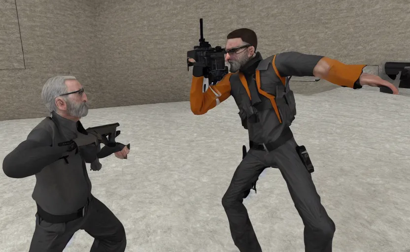 Image similar to gordon freeman vs james bond photorealistic gun fight, wide angle