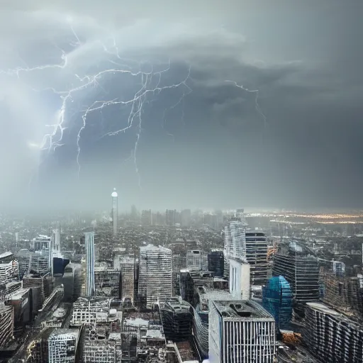 Image similar to an enormous creature towering over a city during a thunderstorm, 8 k, rtx on,