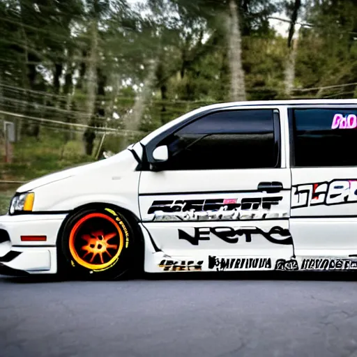 Prompt: 1990s Toyota Sienna with racing tires and racing livery, widebody kit, drifting through nurburgring, photography