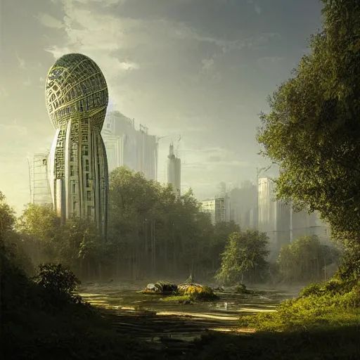 Prompt: solarpunk small glowing oval building, skyscrapers, wilderness, Ivan Shishkin and Greg Rutkowski