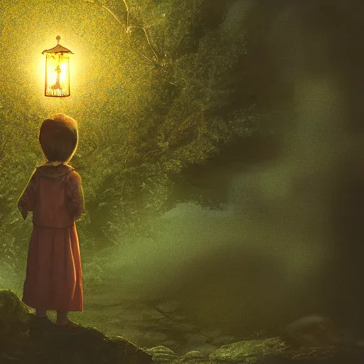Image similar to in a dark forest, a small girl with a lantern finds a path leading to a strange castle.