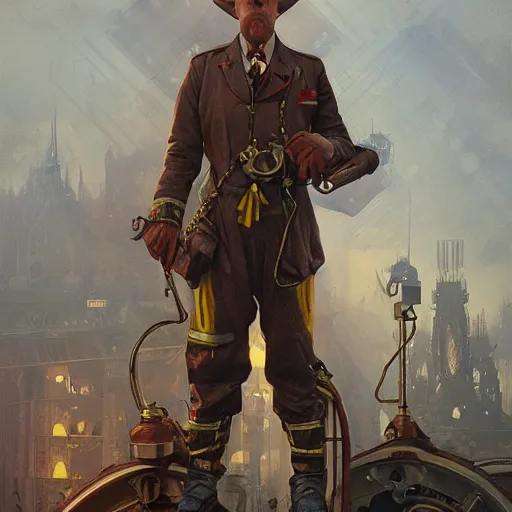 Image similar to Steve Buscemi as a steampunk firefighter, intricate, highly detailed, digital painting, artstation, concept art, sharp focus, illustration, art by greg rutkowski and alphonse mucha