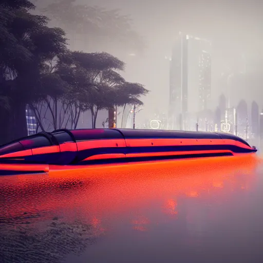 Image similar to a submarine with orange led glow stripes, wandering in the river, asia, cyberpunk, japan, land, rain, dark, lostus flowers, octance render, artstaion