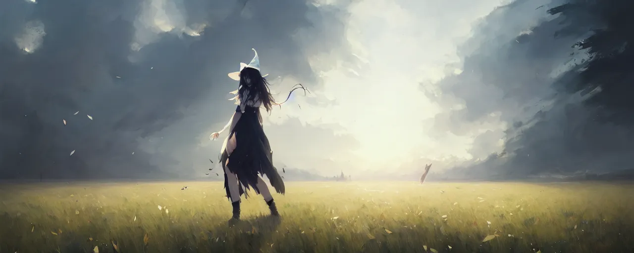 Prompt: white girl witch in the middle of a field, illustration, digital painting, concept art, trending on artstation, pixiv, art by ruan jia and makoto shinkai