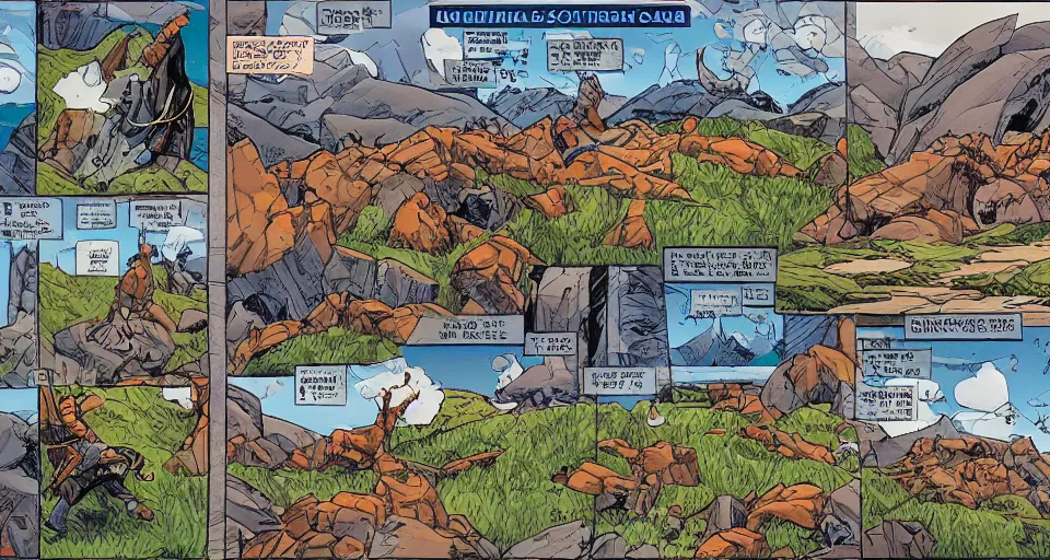 Prompt: a full page comic book panel of the beautiful scottish highlands