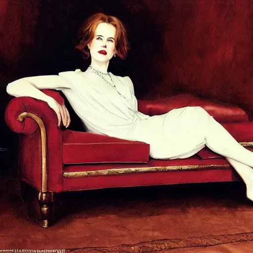 Image similar to a beautiful full body portrait of a young nicole kidman, wearing 1 9 2 0's clothes, demure, she is laying on a couch, artist john sargent,