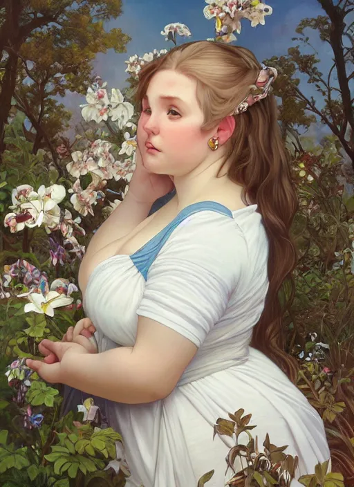 Image similar to a chubby white woman with pointed ears, wearing a white sundress, rainbow pastel clouds for hair, realistic painting by ross tran and gerald brom and alphonse mucha, artgerm, trending on artstation