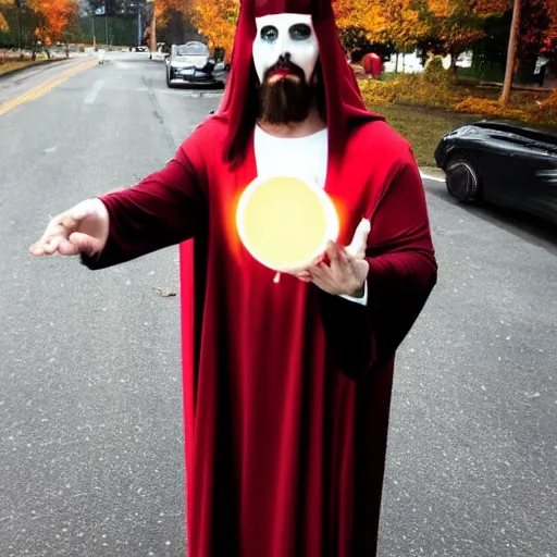 Image similar to jesus christ cosplaying as satan at halloween