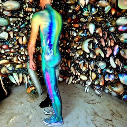 Prompt: a human standing in his garage, covered with iridescent bodypaint, shells and barnacles, 2 0 0 7 motorola cell phone pic