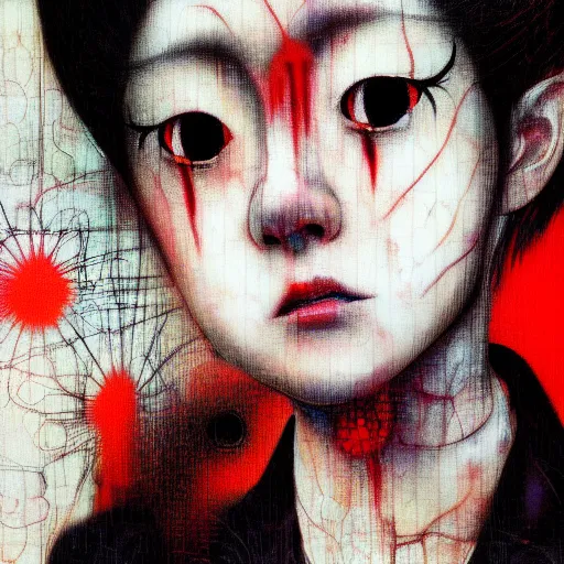 Image similar to yoshitaka amano blurred and dreamy realistic three quarter angle horror portrait of a sinister young woman with short hair, big earrings and red eyes wearing office suit with tie, junji ito abstract patterns in the background, satoshi kon anime, noisy film grain effect, highly detailed, renaissance oil painting, weird portrait angle, blurred lost edges