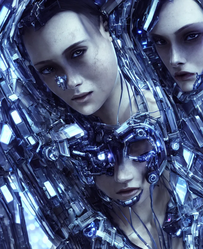 Image similar to close-up macro portrait of the face of a beautiful cyberpunk girl with mecha, epic angle and pose, ribcage skeleton symmetrical artwork, 3d with depth of field, blurred background, cybernetic machine female face, translucent, nautilus, energy flows of energy. a highly detailed epic cinematic concept art CG render. made in Maya, Blender and Photoshop, octane render, excellent composition, cinematic dystopian brutalist atmosphere, dynamic dramatic cinematic lighting, aesthetic, very inspirational, arthouse, Greg Rutkowski, Ilya Kuvshinov, WLOP, Stanley Artgerm Lau, Ruan Jia and Fenghua Zhong