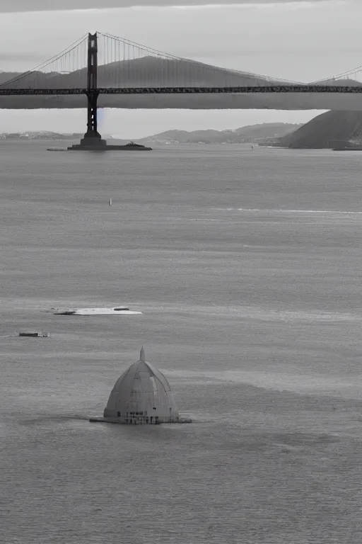 Image similar to a space ship emerging from beneath the San Francisco Bay, Golden Gate Bridge in background