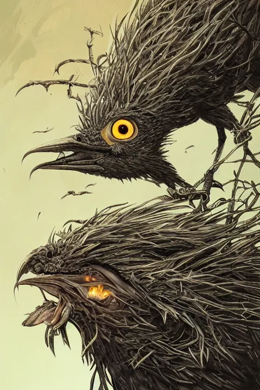 Prompt: black crows, nest on human head, open mouth, cruelty, pain, light effect, hyper detailed, intricate, elegant, highly detailed, digital painting, artstation, concept art, matte, sharp focus, illustration, by dan mumford, yusuke murata, makoto shinkai, ross tran