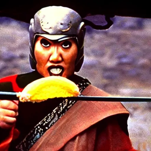 Image similar to scene from Kagemusha, 1980, movie still, cinematic, a samurai eating a hot dog, mustard and ketchup,