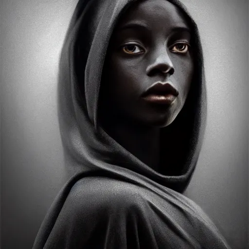 Image similar to a portrait of a young black woman wearing a long dark cloak, hood and shadows covering face, anatomically correct, beautiful perfect face, enigmatic, oil painting, matte painting, black background, Volumetric dynamic lighting, Highly Detailed, Cinematic Lighting, Unreal Engine, 8k, HD, by Beksinski