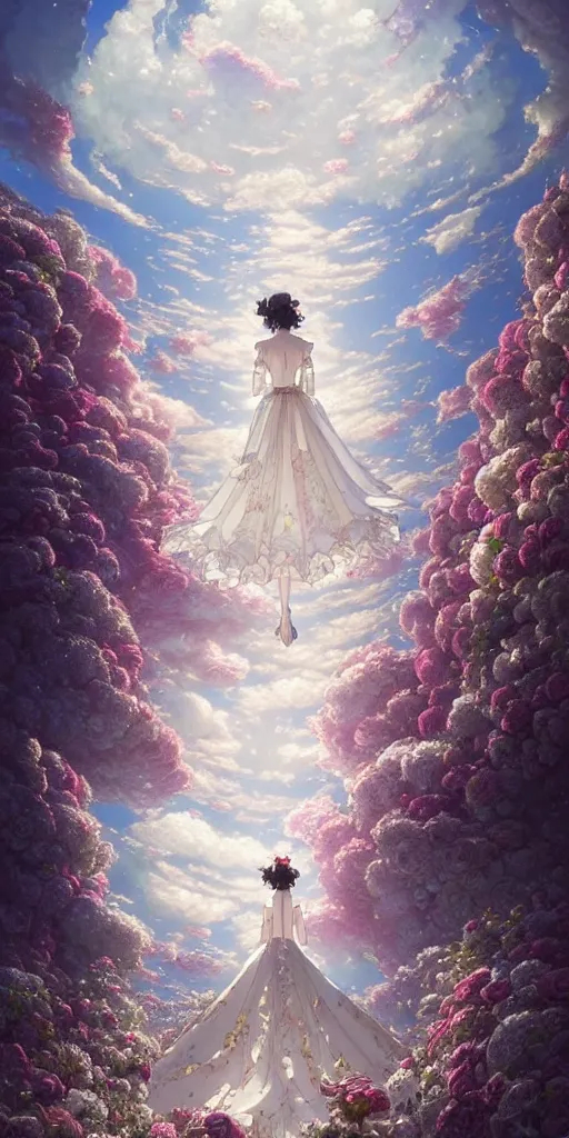 Image similar to the beautiful hyper detailed of a rose wedding dress clothing design display in the fairyland surrounded by white clouds, in the style of makoto shinkai victo ngai and peter mohrbacher studio ghibli artgerm karol bak beeple, animation style, 8 k hd, dream, ultra wide angle, animation style, 3 drender, hyperdetailed