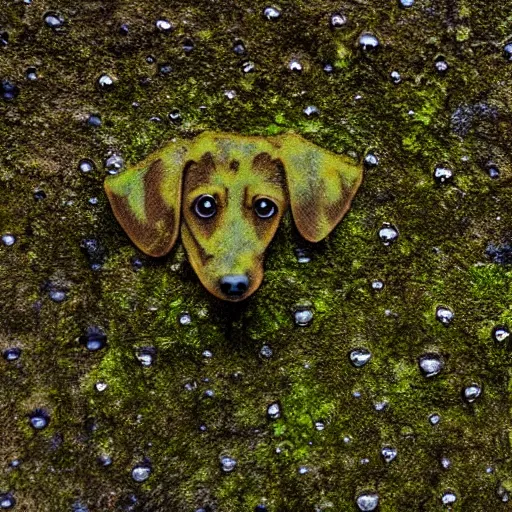 Image similar to rock wall covered with moss. dew droplets forming the shape of a dachshund. macro photography