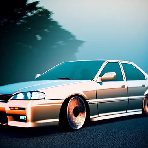 Image similar to a car JZX100 at illegal car meet, Chiba prefecture, city golden-hour mist lights, photorealistic, highly detailed, 85MM