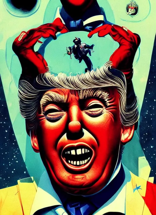 Image similar to donald trump is a clown destroying the planet, grotesque, horror, high details, intricate details, by vincent di fate, artgerm julie bell beeple, 60s, inking, vintage 60s print, screen print