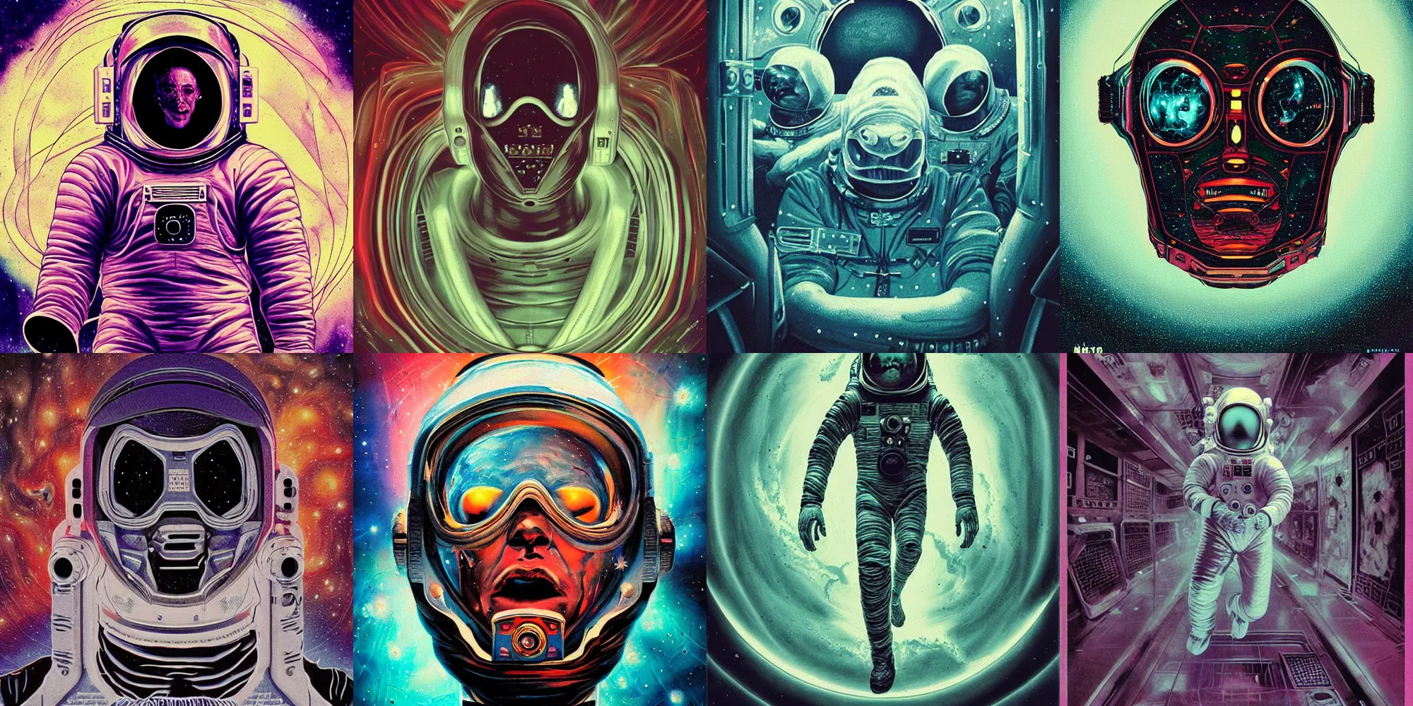 Prompt: astronaut, horror poster 9 0 s, cosmic horror, abstract, ghostly, arcade, duotone, poltergeist, lets get weird, intricate, elegant, highly detailed, digital painting, artstation, smooth, sharp focus, raytracing, unreal engine 5, art by mondo, julian del rey and greg rutkowski, david la chapelle, ultraviolet colors,